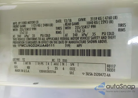 2019 Ford Escape Se from USA, damaged, VIN 1FMCU9GD2KUA49111